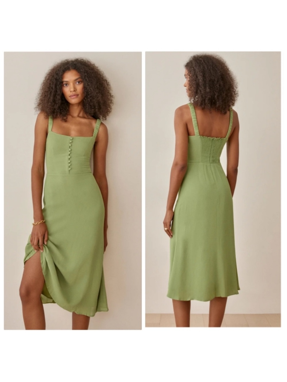 Reformation Pistachio Green Ruched Strap Midi Dress
